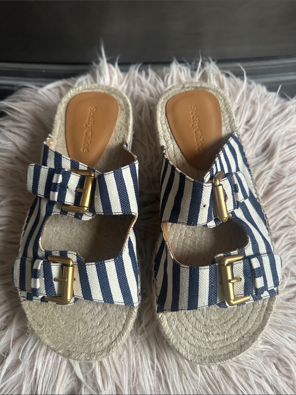 See By Chloe Navy & White Striped Kids Slide Sandals with Gold Buckles